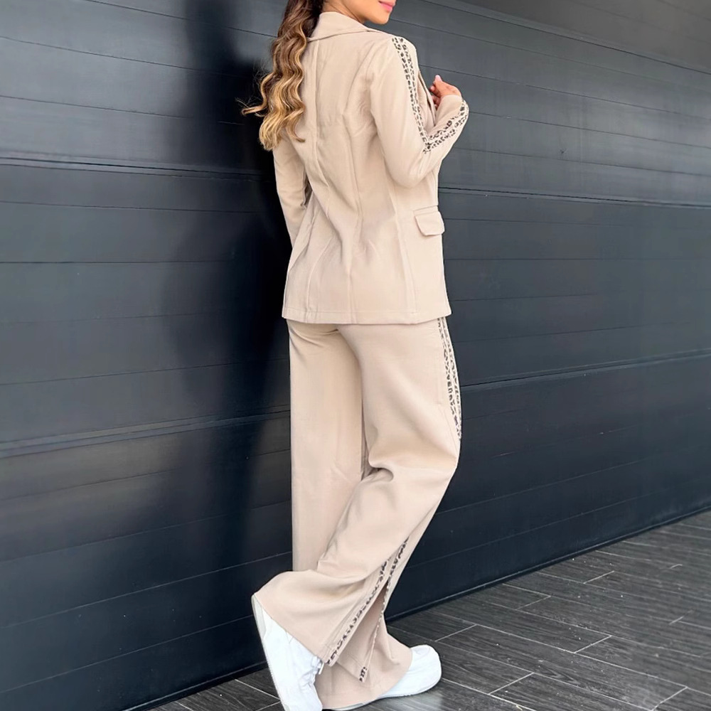 Women's Clothing print webbing stitching casual commuter lapel suit wide leg trousers_voghion.com
