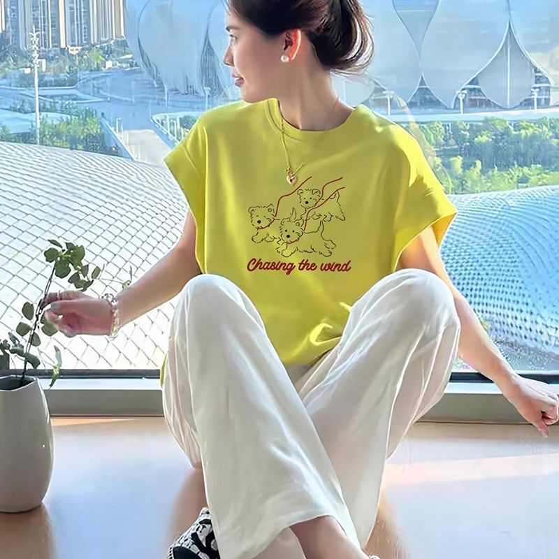 2025夏季宽松蝙蝠袖短袖t恤女美式宽松多巴胺甜酷圆领小飞袖上衣|undefined