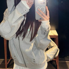 SUNONEON 设计感铆钉宽松连帽卫衣外套女早秋季新美式开衫衣