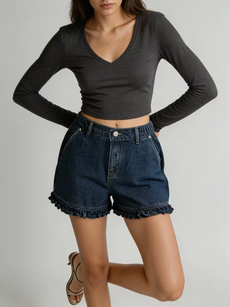 European and American Cross-Border Source Factory Floral Bud Ruffle Trim Design Mid-Waist Slimming Versatile Women's Denim Shorts