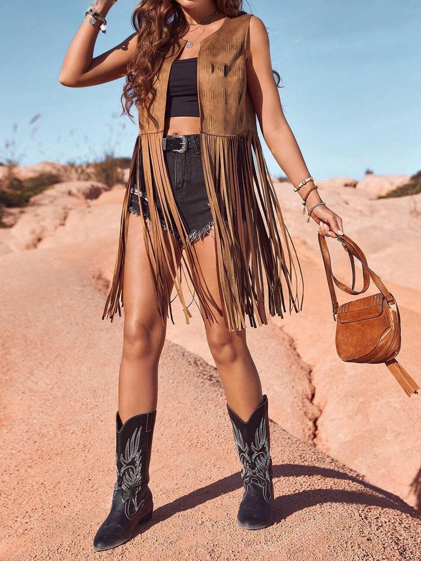Chaleco de borla de mujer transfronteriza europea y americana sin mangas hippie chaqueta de borla de gamuza