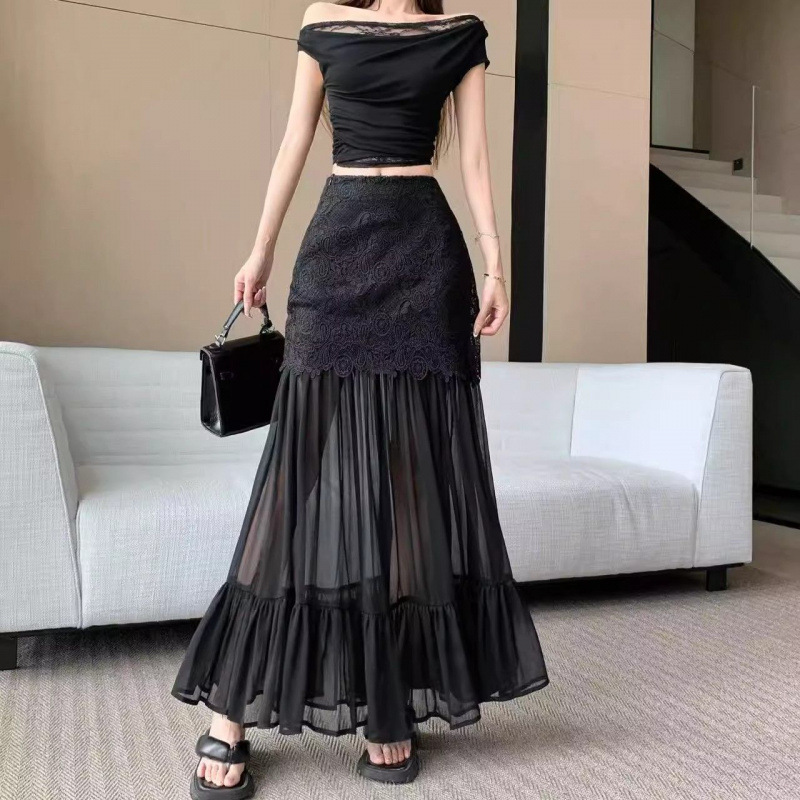 高级感蕾丝微透半身裙女2025春夏新款设计感高腰显瘦垂感时尚长裙|undefined