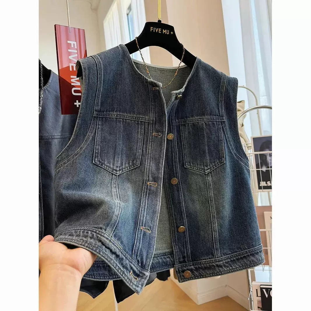 复古牛仔马甲外套女春夏季新款圆领宽松显瘦马夹时尚背心坎肩上衣