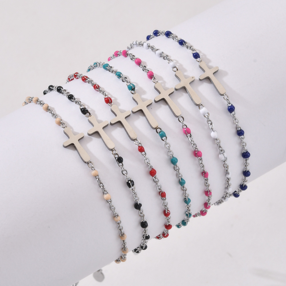 European and American Fashionable Silver Oil Dripping Stainless Steel Cross Bracelet for Women Simple High-End Colorful Rice Bead Bracelet Wholesale