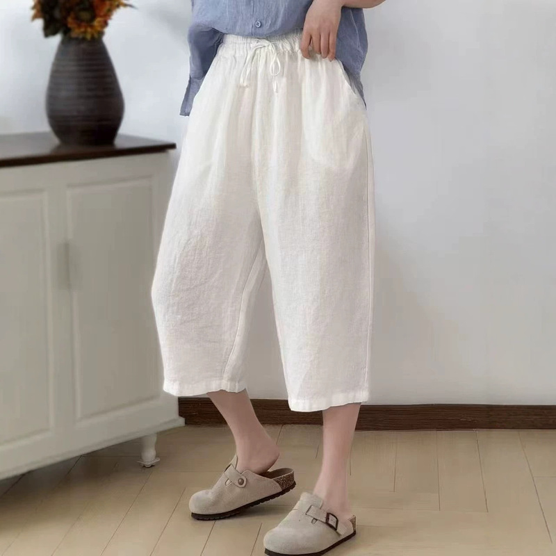 Vintage Artistic Pure Linen Drawstring Capri Pants 2026 Spring/Summer New Loose Pocket Solid Color Women's Casual Pants