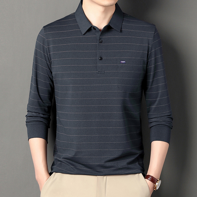 Factory direct spring men's long-sleeve T-shirt with collar, middle-aged and elderly men's clothing, real pocket top, striped polo shirt Factory direct spring men's long-sleeve T-shirt with collar, middle-aged and elderly men's clothing, real pocket top, striped polo shirt