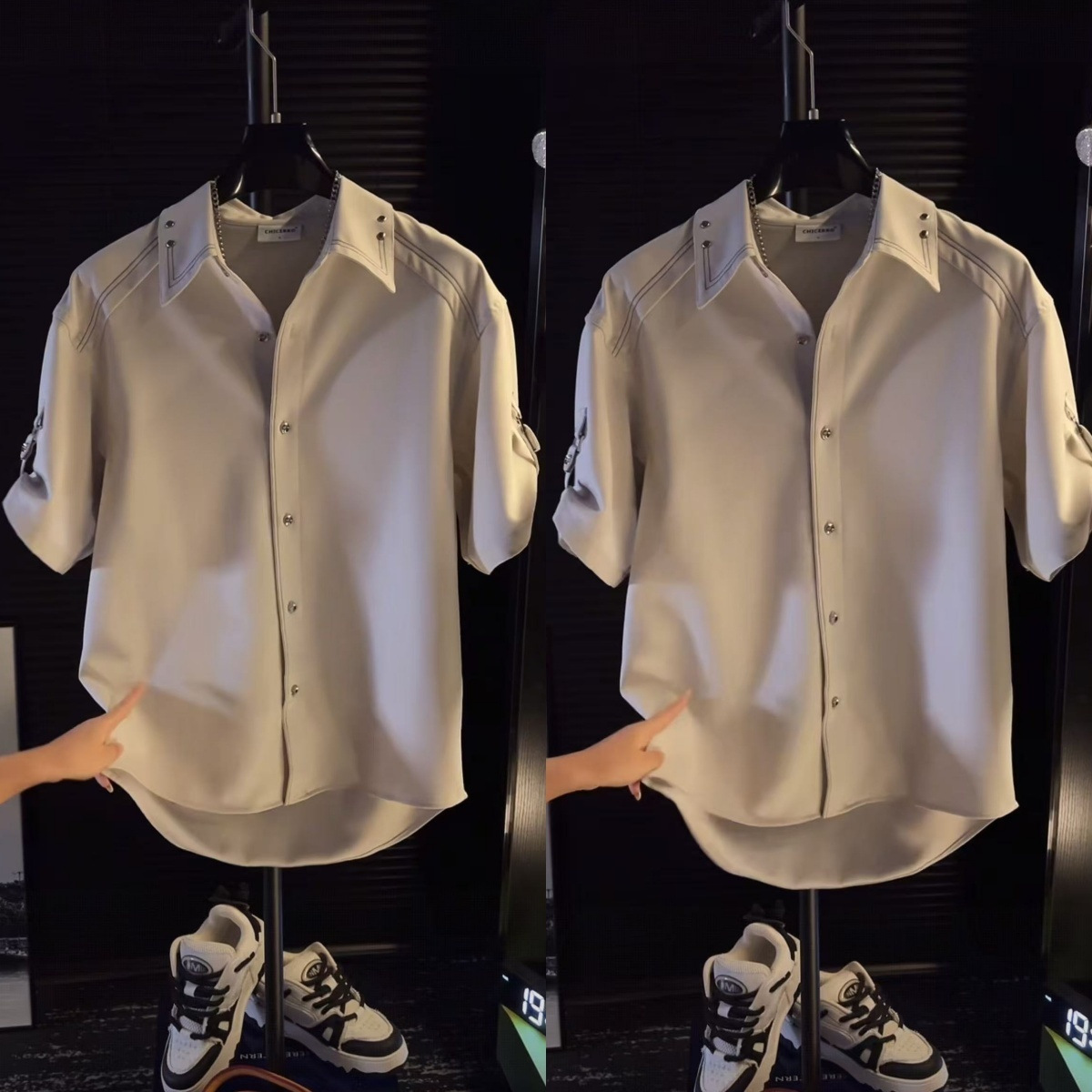 Summer Fashion Versatile Men's Niche Design Topstitch Studded Shirt Short Sleeve Casual Loose Fashion Trendy Brand