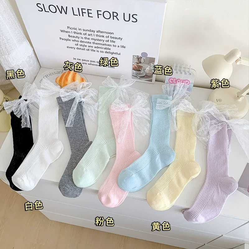 Summer thin heel sticker with bow, breathable socks, mid-length