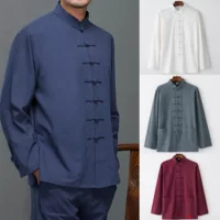 Весенний мужской костюм Тан, повседневная мужская китайская рубашка Hanfu, свободная рубашка среднего и пожилого возраста в древнем стиле с длинными рукавами и пуговицами, модная