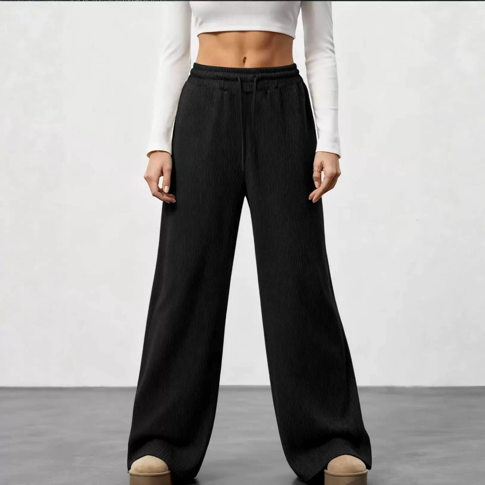 女士美式风竖状坑条抽绳高腰直筒裤，宽松版型带口袋，四季舒适长
