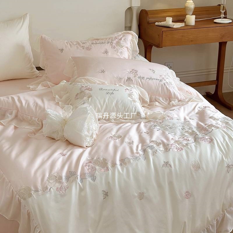 浪漫少女心100亲肤棉四件套浪漫花卉刺绣被套磨毛1.8床上用品|undefined