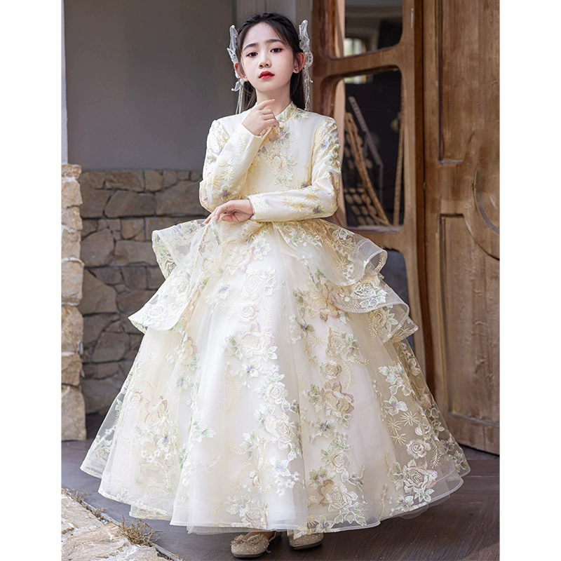 Piano performance costume, children's long-sleeve, small princess costume, flower girl dress, Birthday gift, tutu skirt