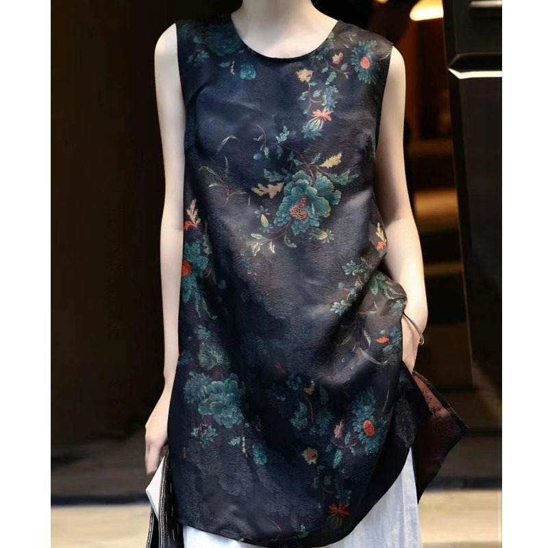 新しい中国風の女性の黒のジャカードノースリーブシャツミッドレングスの夏のデザイン裾スリットトップ|undefined