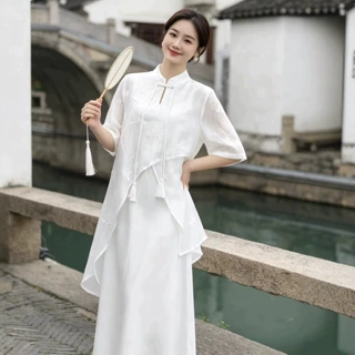 新中式国风白色连衣裙女装刺绣连衣裙立领流苏不规则假两件长裙
