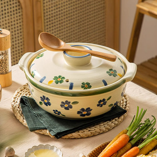 Hand-Painted Blue Cherry Blossom Ceramic Pot for Soup, Suitable for Home Use on Gas Stoves, Japanese-Style Ceramic Stew Pot, Gas Stove Soup Pot, Stone Pot