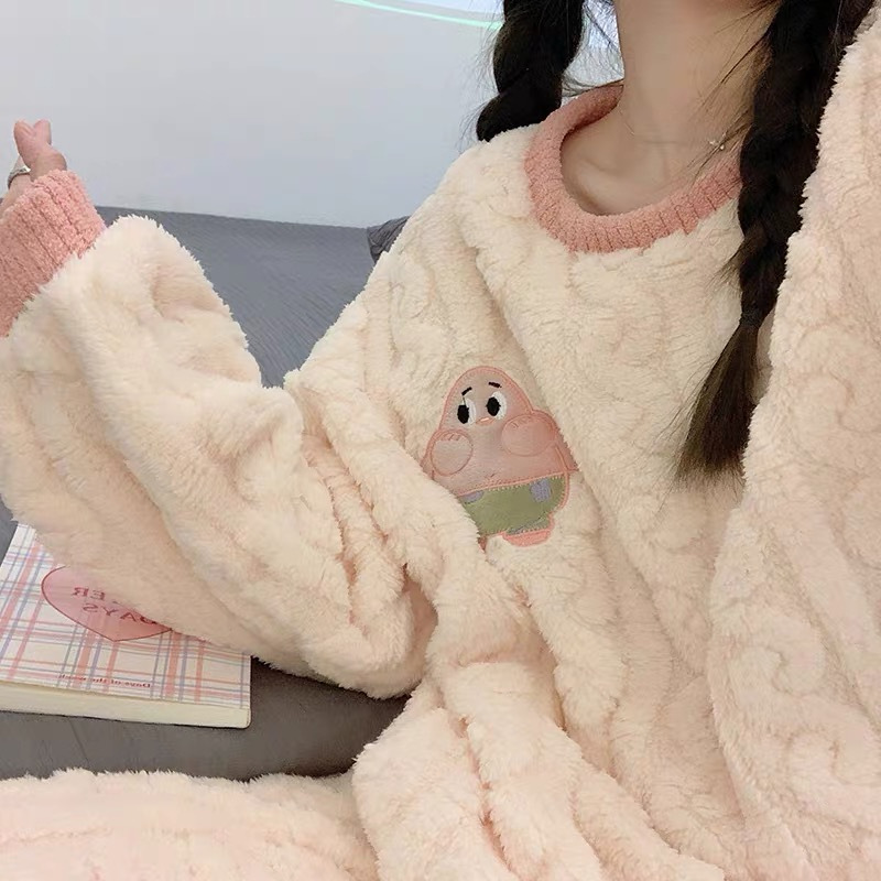 겨울 컷 꽃 벨벳 두꺼운 간단한 캐주얼 잠옷 여성용 긴팔 폭발 따뜻한 기모 홈 의류 여성 세트