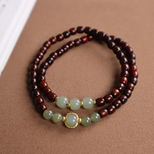 印度小叶紫檀手串5*5mm小叶紫檀搭配和田玉925银双圈男女情侣手串