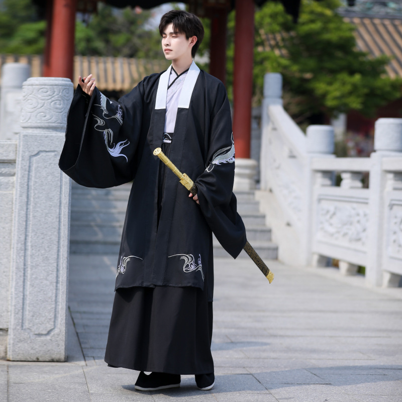 Chinese Style Traditional Daily Dragon Pattern Black Hanfu Men's Big Sleeve Long Robe Ancient Dragon Robe Ancient Three-Piece Set