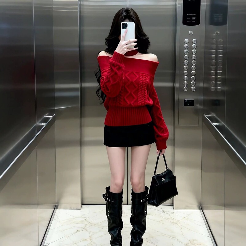 New autumn and winter slim-fit, waist-accentuating, off-shoulder cable-knit pullover top, trendy one-shoulder sweater for women New autumn and winter slim-fit, waist-accentuating, off-shoulder cable-knit pullover top, trendy one-shoulder sweater for women