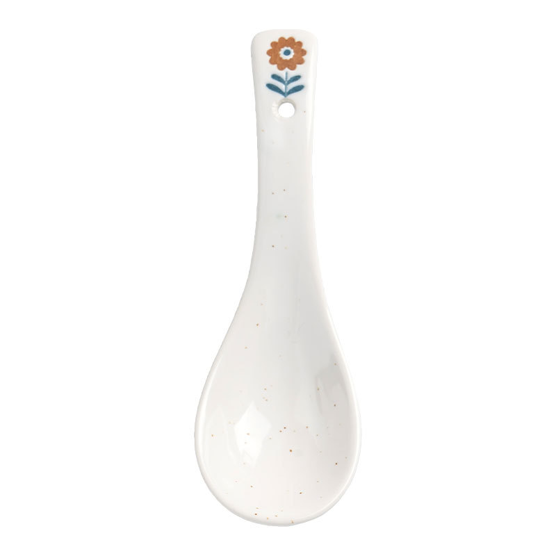 Cuchara de cerámica retro de estilo japonés, linda cuchara de flor pequeña, cuchara de bebida simple para el hogar, vajilla blanca pura, cuchara de papilla, cuchara al por mayor