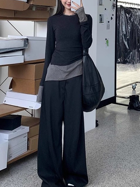 韩系不规则灰色长袖T恤内搭女早秋季别致chic打底假两件开叉上衣|undefined