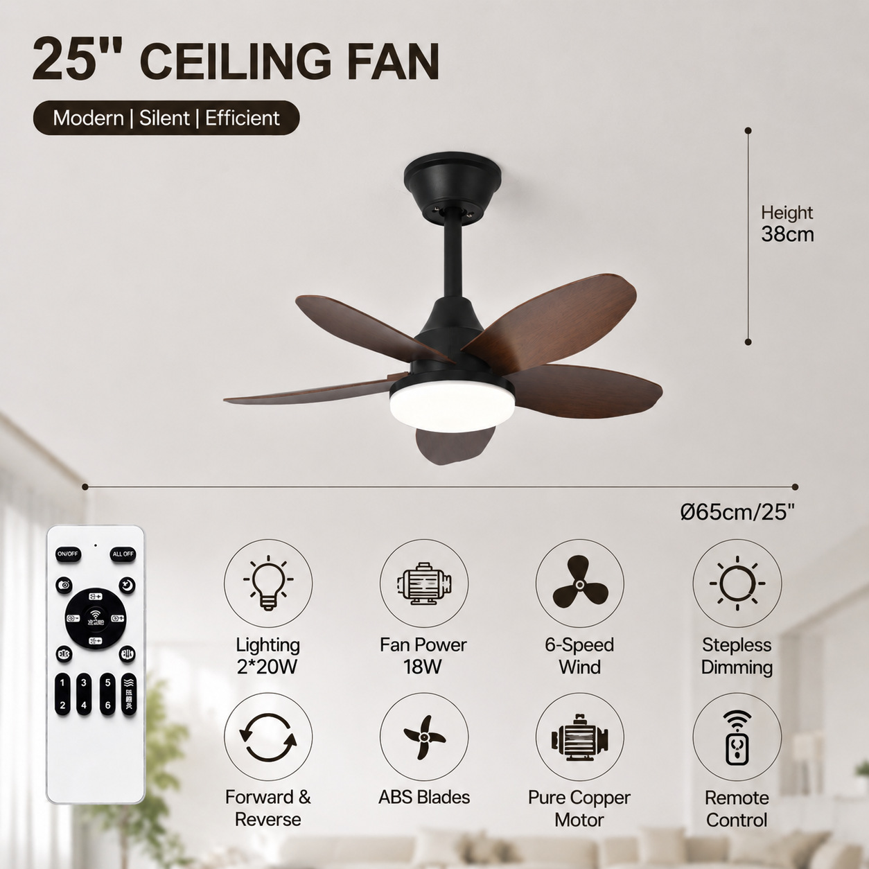Ventilador de Techo con Luz de ABS y PC, con Control Remoto, Motor DC, para Sala de Estar y Comedor