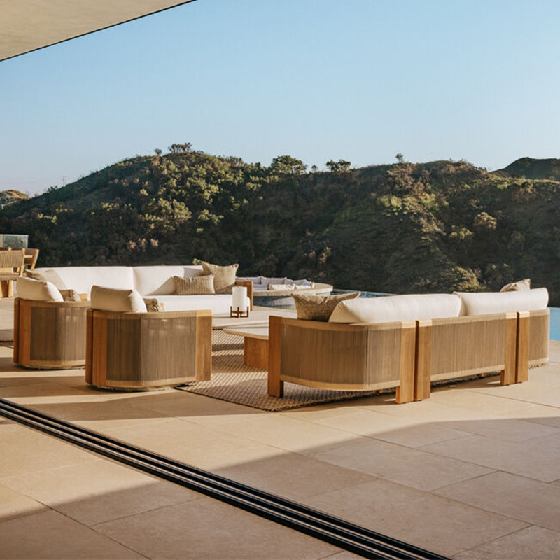 Sofá de teca al aire libre hotel villa patio terraza ocio anti-corrosión muebles de madera maciza al aire libre sofá de tejido de cuerda de jardín