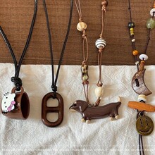 氛围感配饰 可爱腊肠狗猪鼻子乌木吊坠项链女复古颈链气质毛衣链