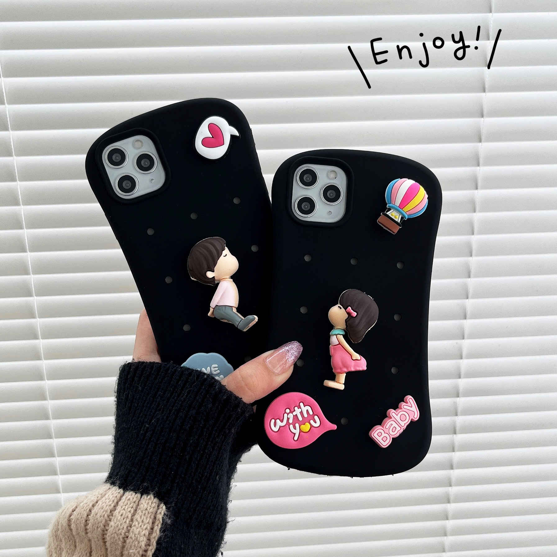 DIY Couple Boy and Girl Silicone Anti-Fall and Heat Dissipation Mobile Phone Case Suitable for 14Promax Small Waist Hole Hole Case