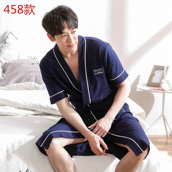 Cotton blue bathrobe, with short sleeve