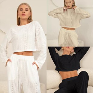 Cross-Border Russian Temu New European and American Women's Pajamas Cut Out Jacquard Long-Sleeved Pants Can Be Worn as Home Clothes