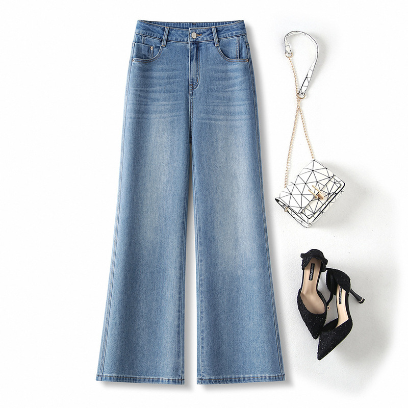 Nanyou Quality Light Blue High-Waisted Slimming Fleece-Lined Thickened Jeans Winter Warm Flared Pants Direct from Manufacturer