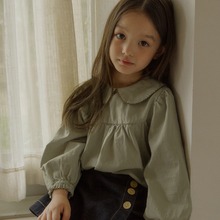 韩版童装春季新款女童森系织花领花苞袖长袖衬衣儿童女生棉质衬衫