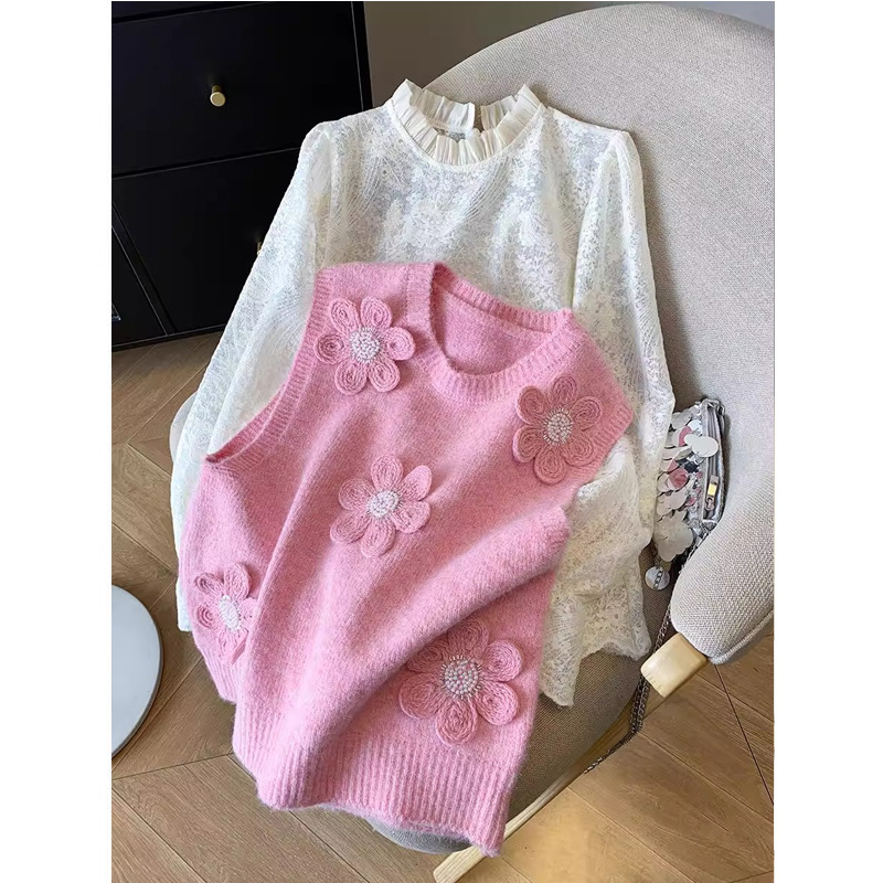 chaleco de punto de cuello redondo primavera y otoño nuevo tipo suave flor tridimensional doblada para usar clip suéter suelto chaleco de mujer