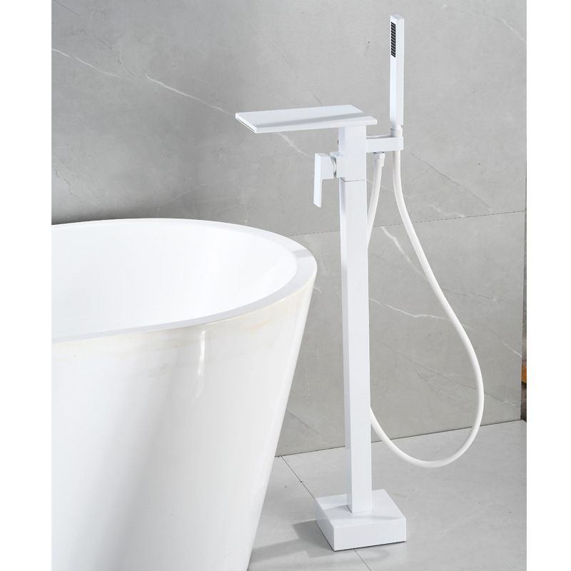Square black and white gold edge floor-standing waterfall, rotating floor-standing bathtub, faucet, shower head, single handle, upright undefined