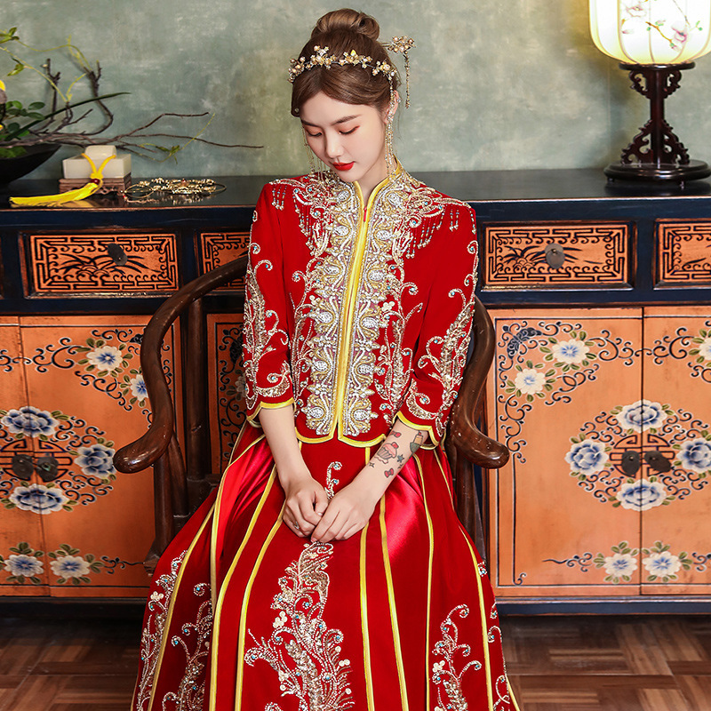 Women Chinese Wedding party Xiuhe clothing chinese wedding  party bridal gown Indian wire diamond strip embroidered bling dress for lady