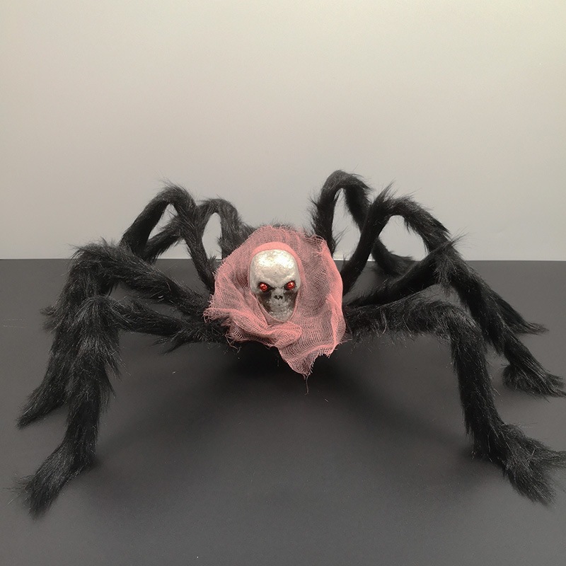 Decoración de Halloween sitio de araña atmósfera diseño props simulación de pelusa cabeza fantasma araña juguetes araña negra