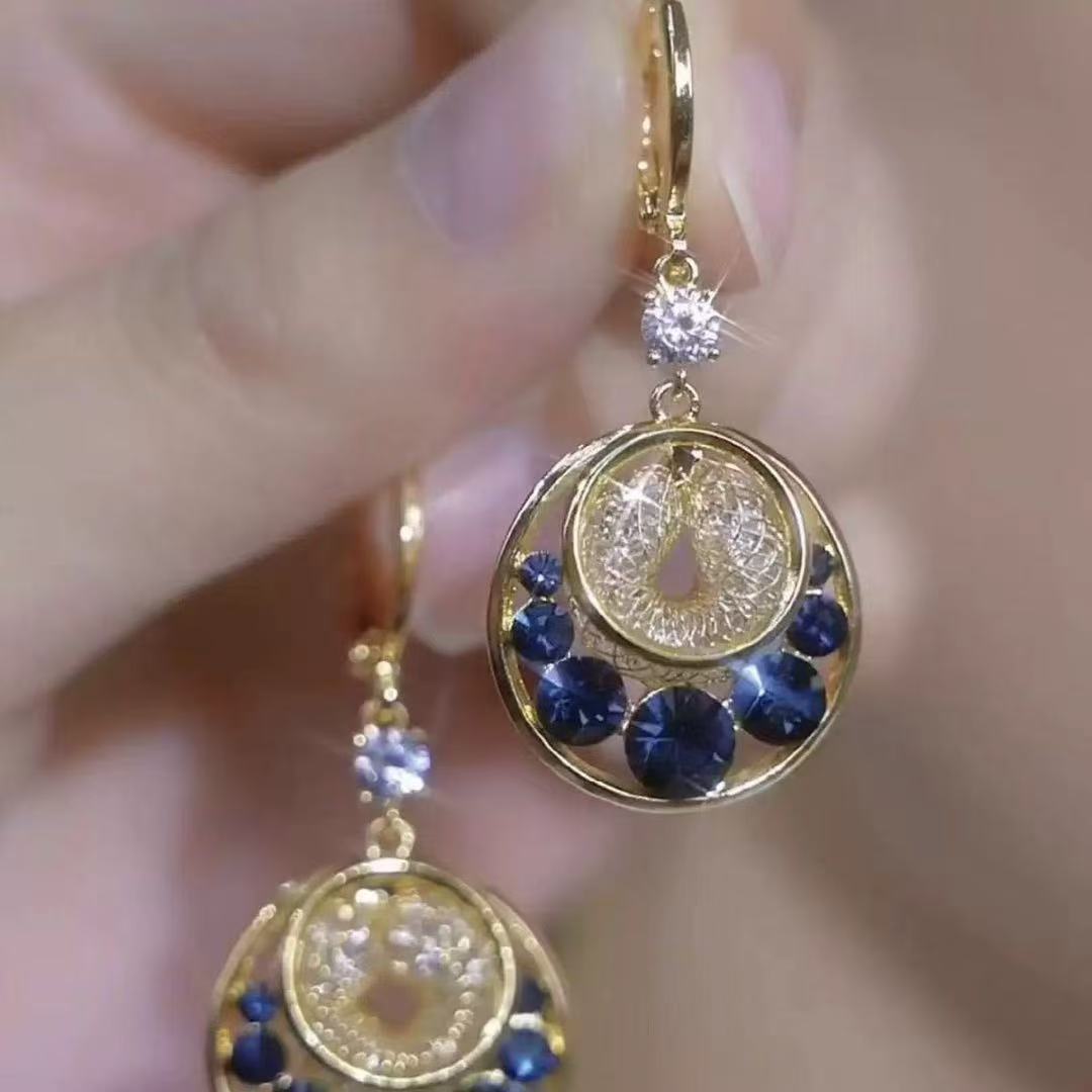 Elegant gold wire circle mesh earrings-blue