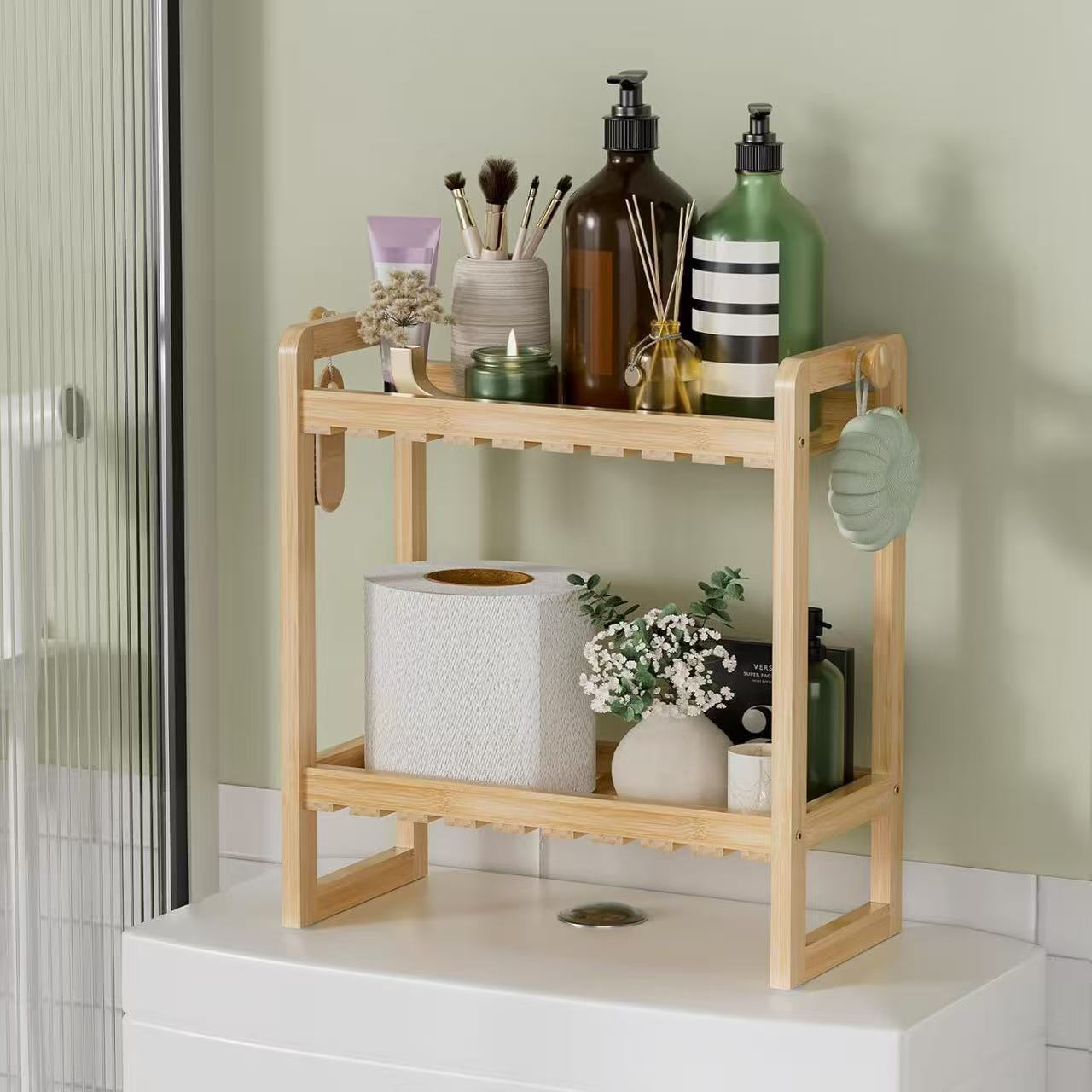 Kitchen Rack Seasoning Solid Wood Storage Rack Bamboo Storage Rack Desktop Double-Layer Organizer Bathroom Storage Rack