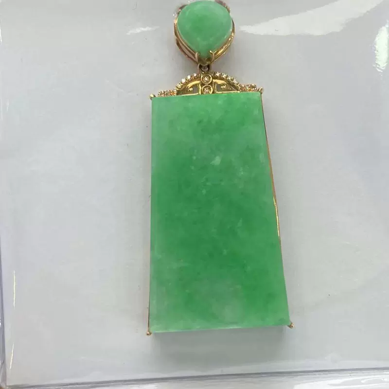 批发天然缅甸翡翠a货 18K金镶嵌满绿无事牌翡翠吊坠项饰饰品