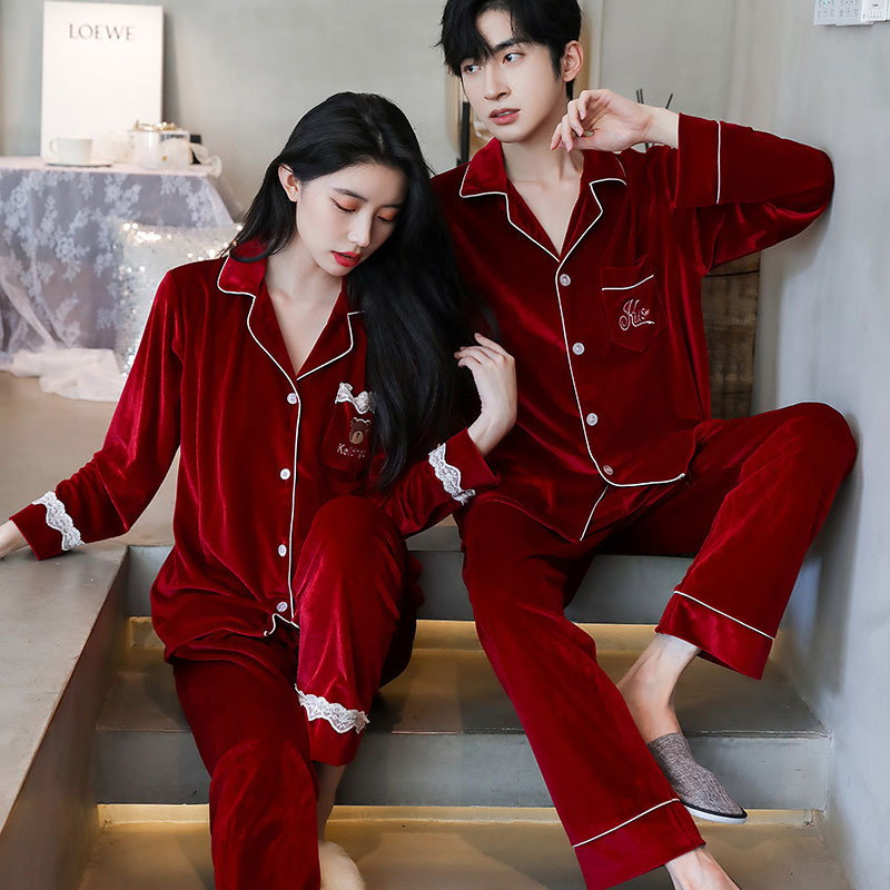 Couple's Pajamas Gold Velvet Autumn and Winter Long Sleeve Solid Color Spring and Autumn Casual Men's Cardigan Large Size Home Clothes Set