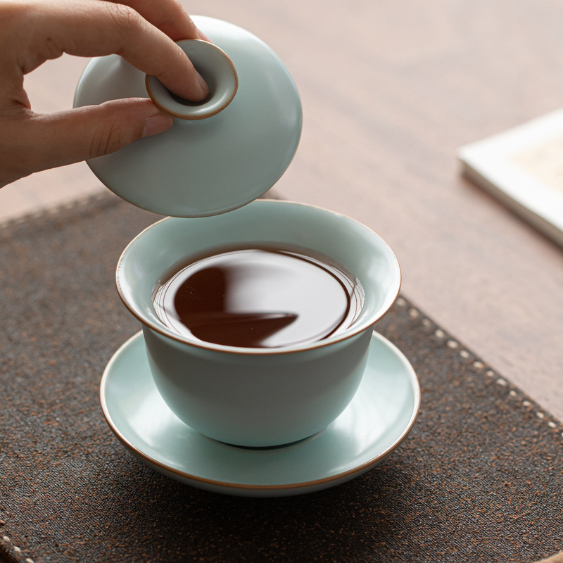 天青色汝窑三才盖碗敬茶碗家用开片可养功夫茶具喝茶杯泡茶器单个|undefined