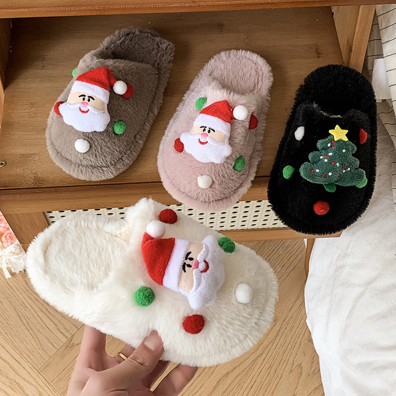 2025 Autumn and Winter Flat Versatile Plush Christmas Simple Closed-Toe Slip-On Home and Outdoor Children's Furry Slippers