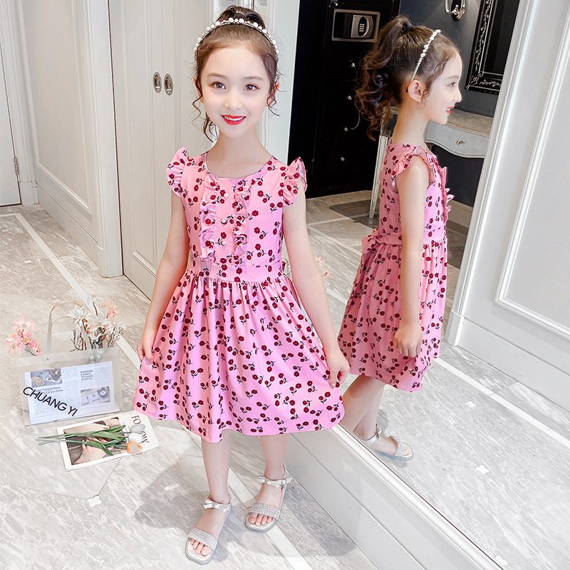 Children's Clothing Girls Summer Dress New Children's Small Flying Sleeve Skirt Medium and Large Children's Summer Dress Floral Skirt Summer