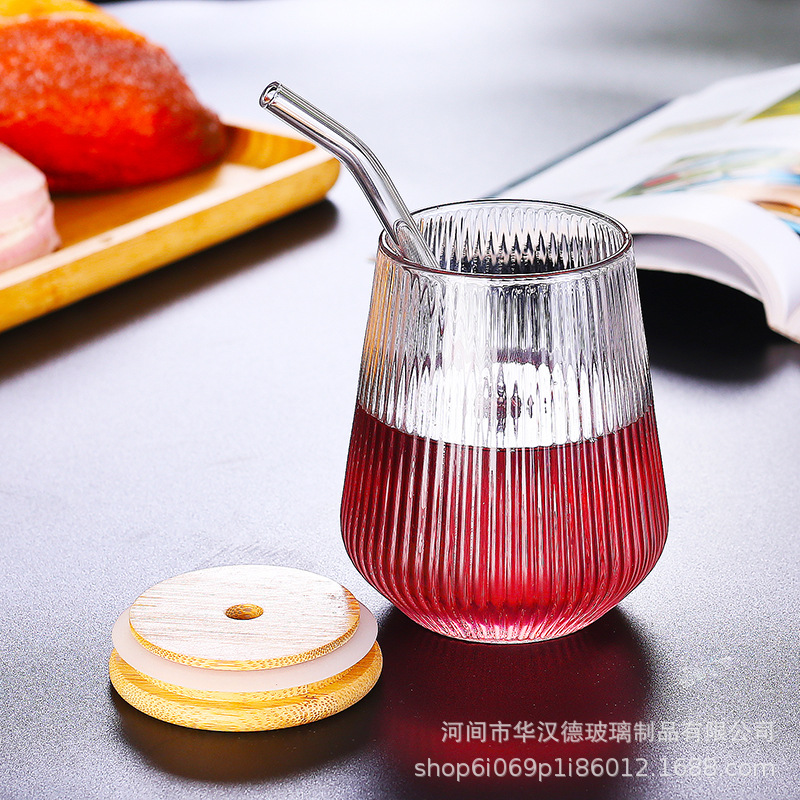 Amazon venta transfronteriza rayas calientes Coca-Cola tazas de paja de vidrio de alto silicio de vidrio cubierta de bambú tazas de bebida de jugo