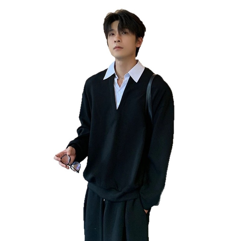 秋季上新高品质宽松型时尚简约休闲轻奢男士假两件卫衣套装棉|undefined