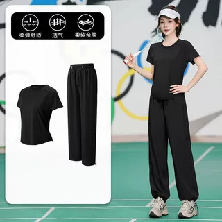 瑜伽上衣女跑步2026夏季新款运动短袖T恤训练健身休闲阔腿裤套装