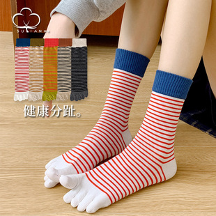 Cross-border color striped ins mid-tube women's socks stitching contrast color five-finger socks cotton tide socks five-toe toe toe socks