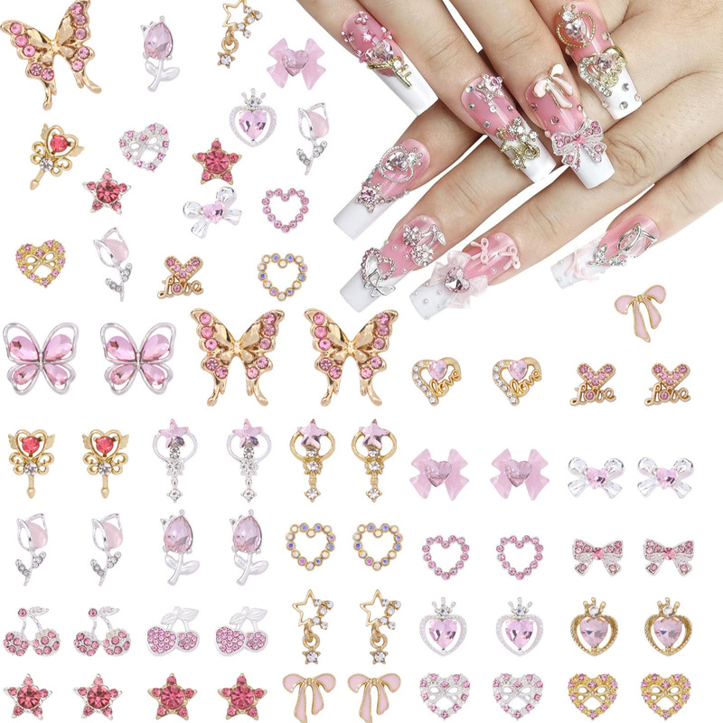 48 Pieces of Nail Decorations Y2K Alloy Nail Art Rhinestone Nail Decorations Star Bow Cherry Nail Rhinestones