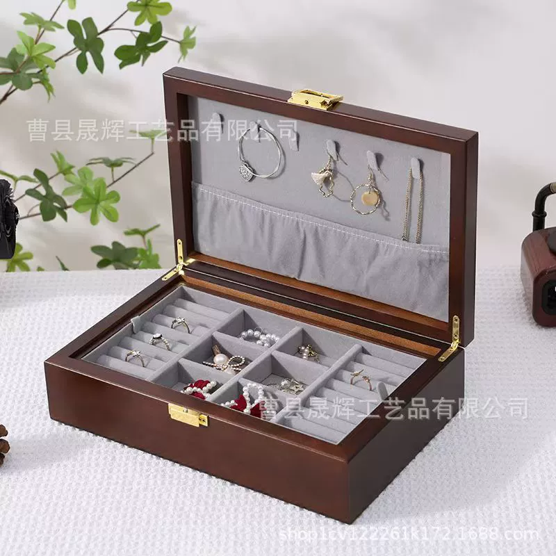Retro storage system, antique storage box, necklace, ring, earrings, jewelry, wooden sophisticated accessory, light luxury style